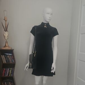 Vintage Black Velvet Short-Sleeve Mock Neck Dress
